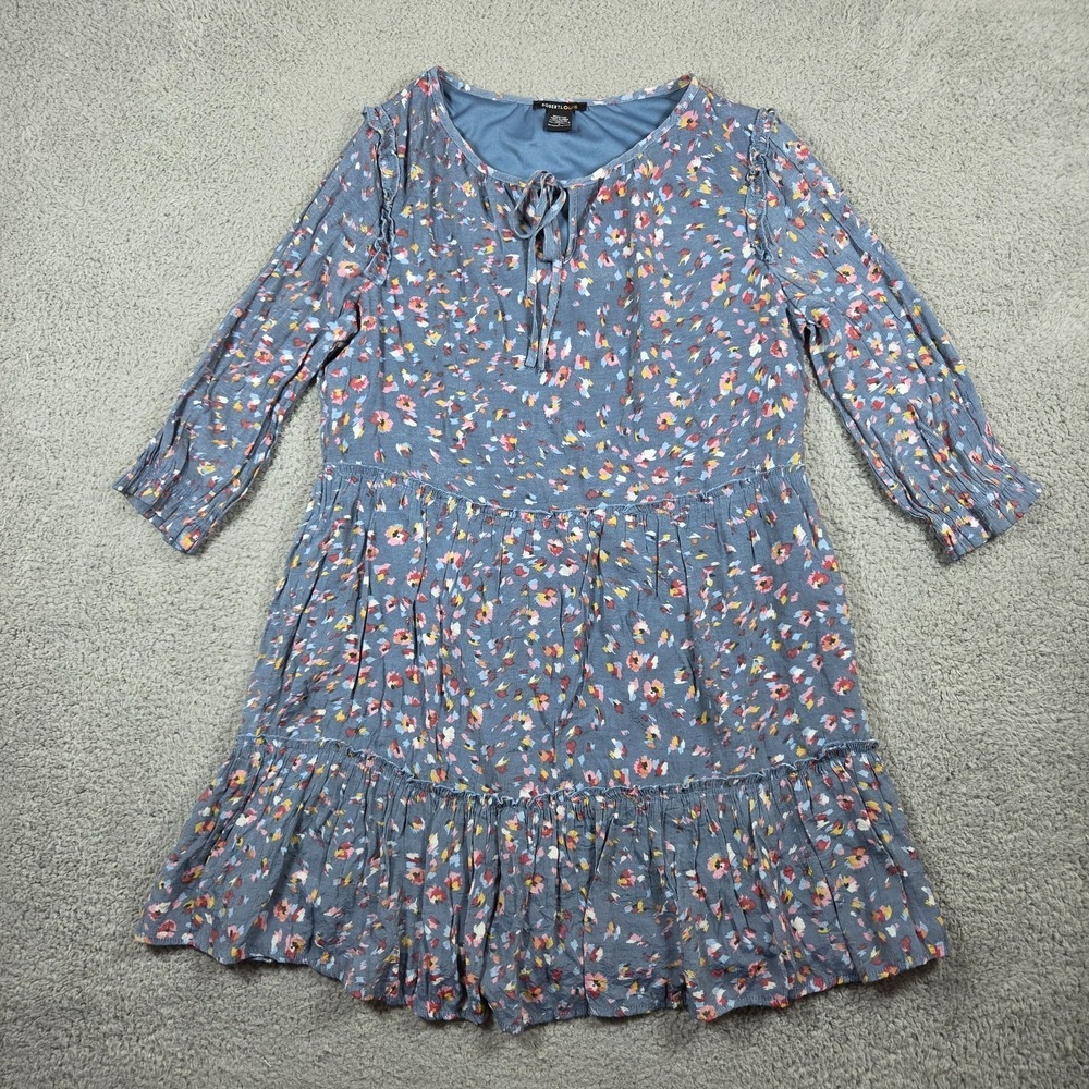 Robert Louis Tiered Peasant Mini Dress L Blue Floral Boho Cottagecore Feminine